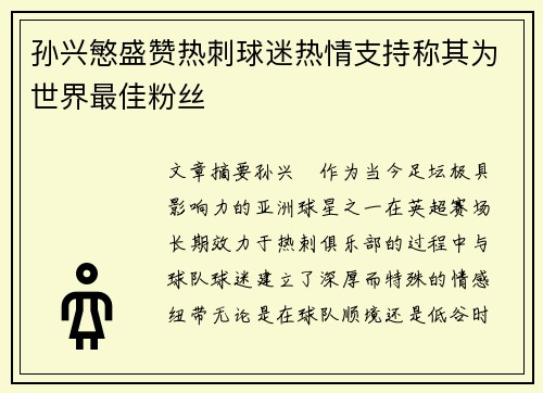 孙兴慜盛赞热刺球迷热情支持称其为世界最佳粉丝