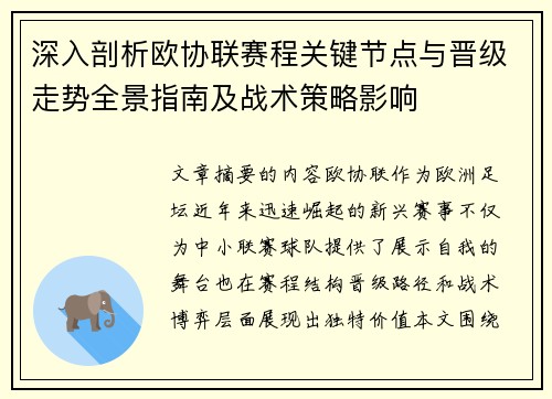 深入剖析欧协联赛程关键节点与晋级走势全景指南及战术策略影响