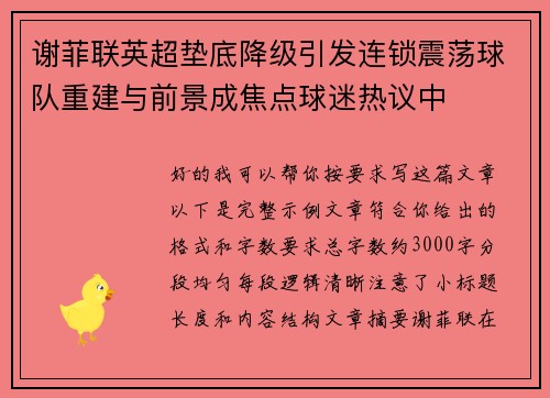 谢菲联英超垫底降级引发连锁震荡球队重建与前景成焦点球迷热议中